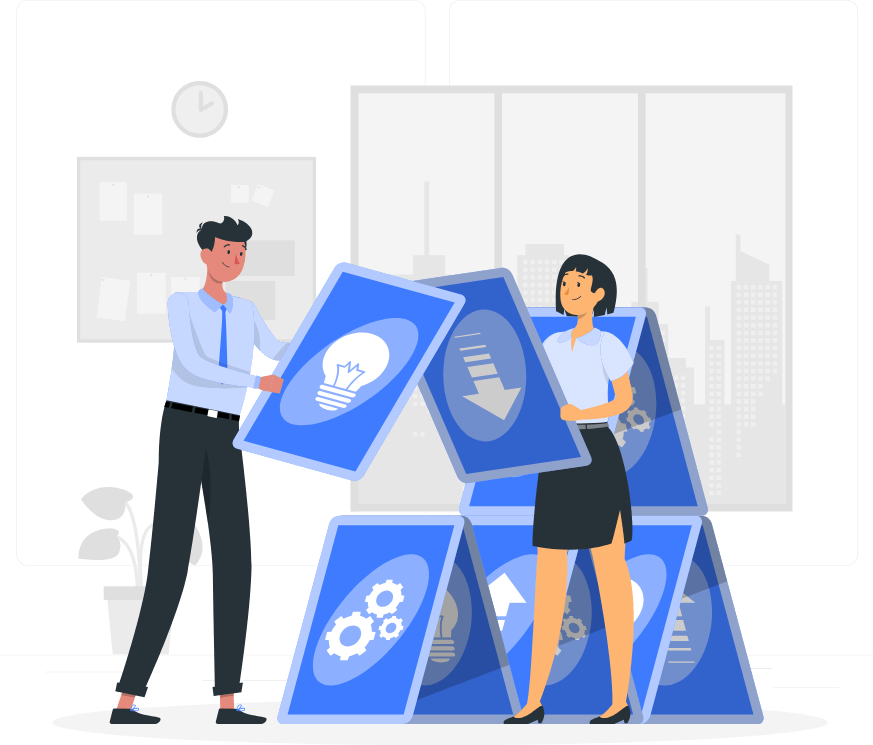 Dibujo de hombre y mujer haciendo un castillo de naipes